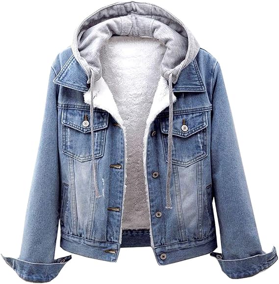 LifeShe Women's Winter Detachable Hoodie Sherpa Fur Fleece Lined Denim Jean Trucker Jacket Coat