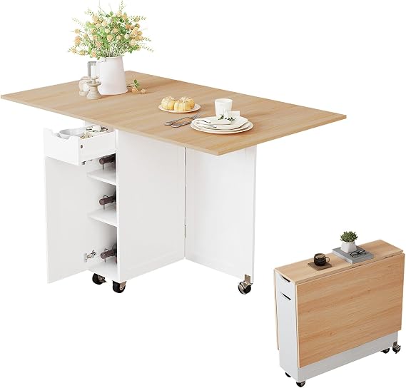 Folding Dining Table, Space Saving Kitchen Table with 6 Wheels(Light Brown)