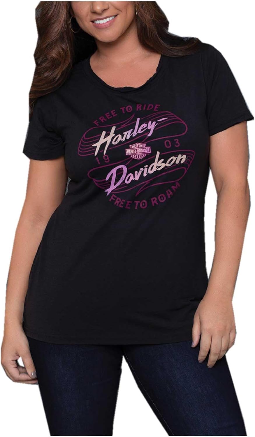 Harley-Davidson Womens Free Wheels Raw-Edge Scoop Neck Short Sleeve Tee, Black