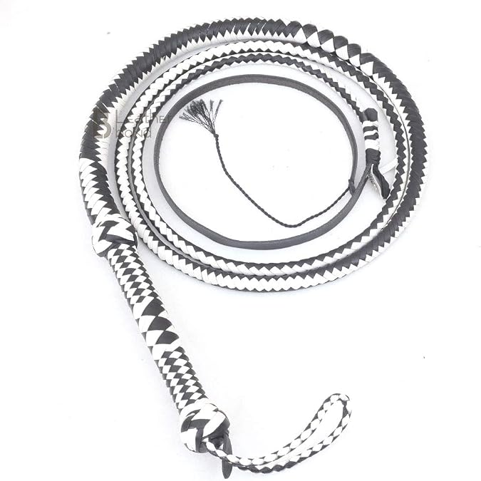 Genuine & Real Cow Hide Leather Bullwhip 12 Plait 10 Foot Bull Whip Black & White Equestrian