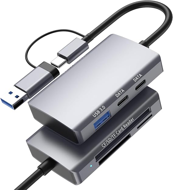 6-in-1 CF/SD/TF Card Reader with Dual USB-C Hub to USB 3.0 Card Reader Adapter for Computer/Android/Micro SD/Memory Stick Pro Duo Adapter, 5Gbps Fast Data Transfer