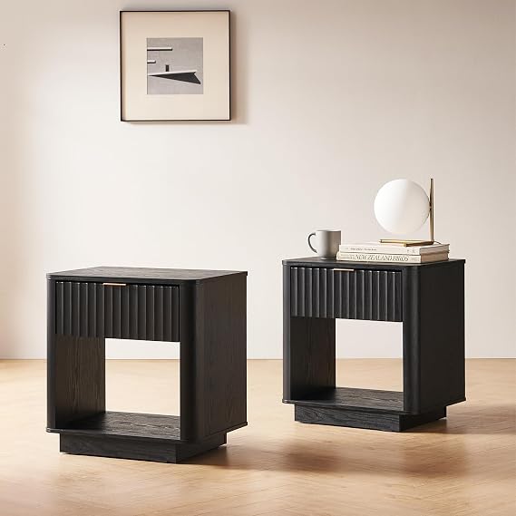 mopio Brooklyn Fluted Nightstand Set of 2 FSC Certified Engineered Wood Bedside Table with Drawer and Open Shelf, Rounded Safety Corners, Modern Farmhouse Bedroom Furniture (Black Oak, 21.6" W)