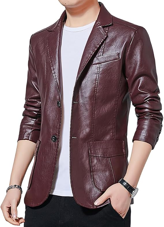 Men's Faux Leather Blazer Casual Slim Fit Sport Coat Leather Jacket