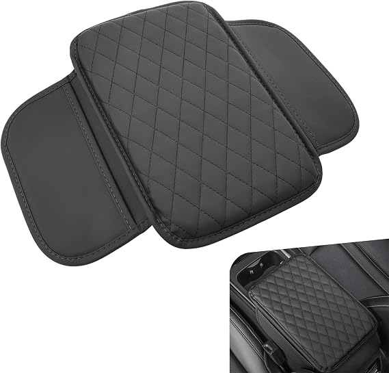 1 PC Car Center Console Cover, Leather Car Armrest Cushion Cover with Side Storage Pockets, Middle Car Interior Accessories, Universal for Trucks, Cars, SUVs (Black)