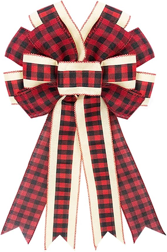 Large Christmas Wreath Bows Red Black Buffalo Plaid Ribbon Bow for Wreaths, Large Tree Topper Bows for Christmas Home Garden Indoor Outdoor Decoration Wreath Ornament Supplies