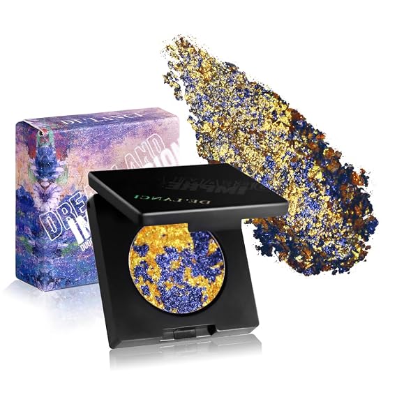 DE'LANCI Duochrome Golden Yellow Shimmery Pressed Eyeshadow, Multi-Dimensional Gold Blue Glitter Eyeshadow, Easy to Wear Chameleon Eye Shadow, Crease Resistant Waterproof Duo Chrome Eye Shadow, 12