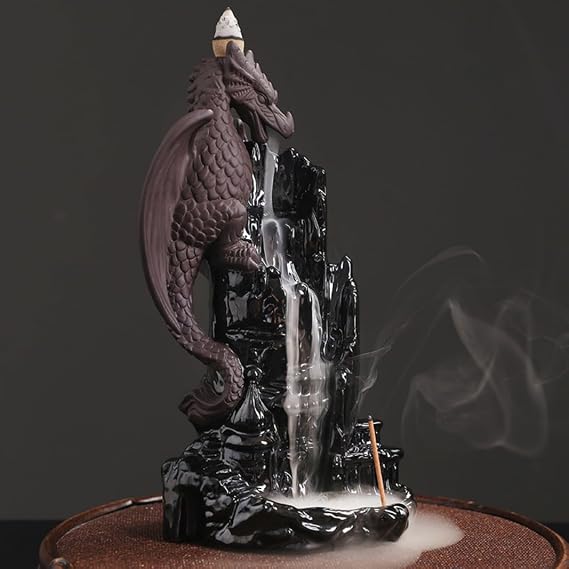 Purple Sand Wing Dragon Backflow Incense Burner Ceramic Waterfall Smoke Incense Holder Stick Incense Insert Home Decoration (F)