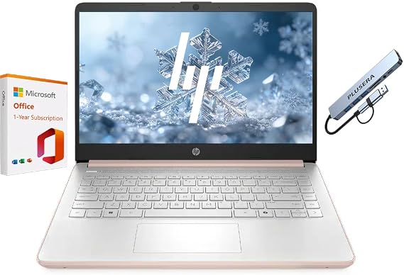 HP 14" Business Laptop, 1-Year Office 365 with Copilot AI, 16GB RAM 576GB Storage (64GB SSD+512GB SD Card), Dual-Core Intel Processor, Windows 11, Rose Gold