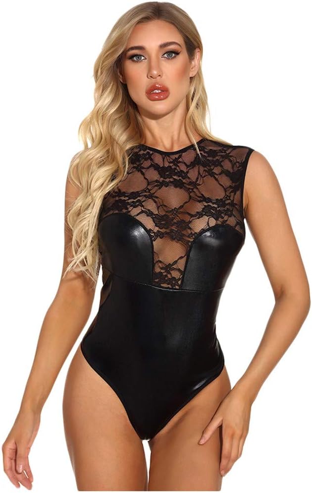 New Women Sexy Flower Faux Lace Leather Splicing Lingerie Backless Bodysuit Patent Lace Panel Bodysuit Women Comfortable Lingerie - blk