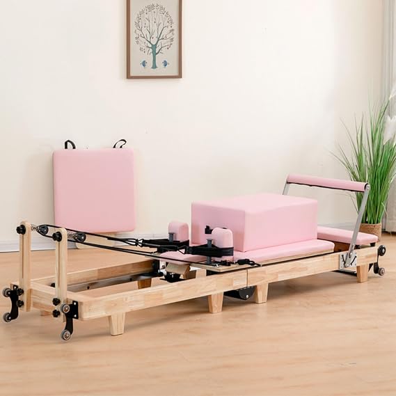 Women's Folding Pilates Reformer Machine - Pink Oak Frame, Quiet Pulley System, Reformer Box | Multifunctional Home Gym