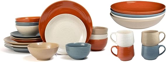 Sango Siterra Painter's Palette 24-Piece Stoneware Dinnerware Set Service for 4, Multicolor with Unique Flecked Design, Perfect for Everyday Dining & Entertainment, Microwave & Dishwasher Safe