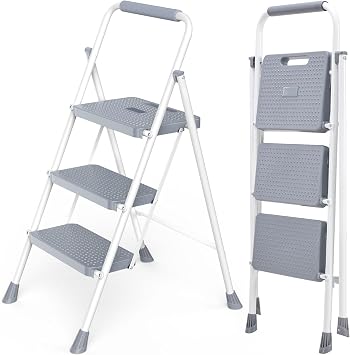 Edx Steel Step Ladder, Foldable with Anti-Slip Pedal, Comfortable Handrail, Portable Step Stool for Kitchen, Garage, Outdoor (3 Step - Grey)