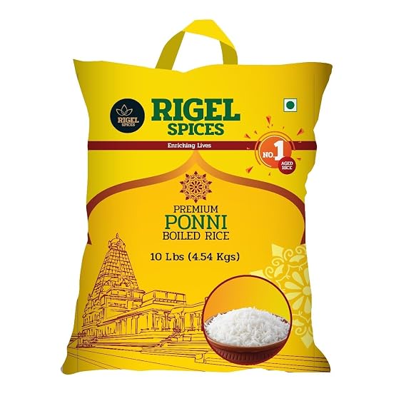 Rigel Spices Premium Ponni Boiled Rice - Aged | Authentic South Indian Parboiled Rice for Fluffy & Nutritious Meals | Ideal for Daily Cooking and Special Recipes (10 Lbs)