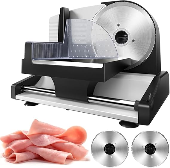 Meat Slicer, 200W Electric Food Slicer with 2 Removable 7.5" Stainless Steel Blades and Tray, Child Lock Protection, Adjustable Thickness, Slicer Machine for Meat Cheese Bread 110V