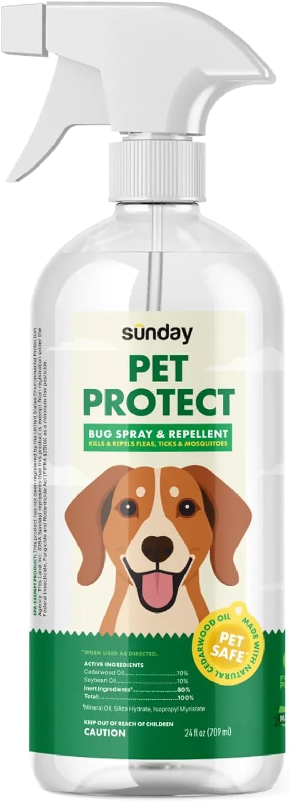 Sunday Pet Protect Flea, Tick, Mosquito Spray Natural, Effective Bug Spray for Dogs Kills, Controls, Prevents Biting Pests with Cedarwood & Soybean Oil 24 oz