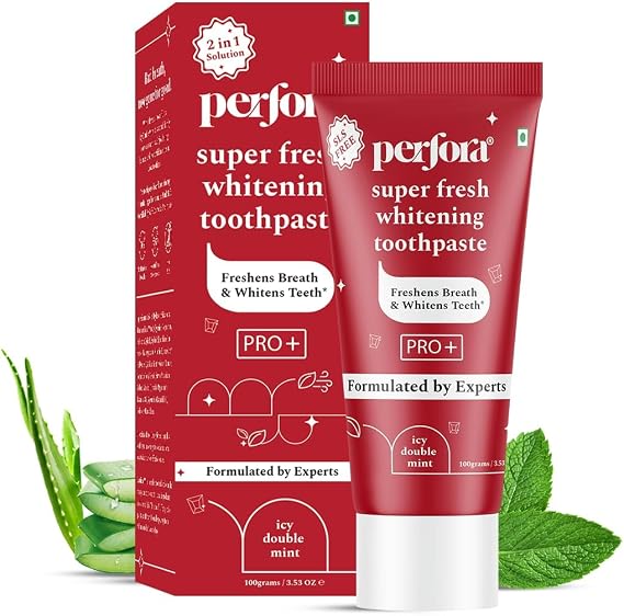 Perfora Super Fresh Toothpaste -100g, with Cooling Crystals | Helps Prevent Bad Breath | SLS Free Toothpaste for Adults | Enamel Safe Teeth Whitening Tooth Paste | Formulated with ImerCare Perl White