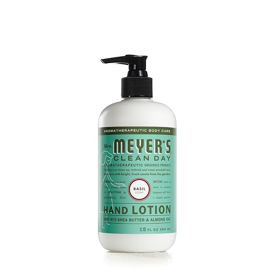 MRS. MEYER'S CLEAN DAY Hand Lotion for Dry Hands, Non-Greasy Moisturizer Made with Essential Oils, Basil, 12 oz | Softens and Moisturizes Hands, Non-Greasy, Made with Essential Oils, Shea butter, Almond Oil, Works on Dry Skin