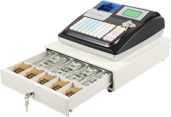 Commercial Cash Register, 48 Keys LED Display Electronic POS System, High-Speed Thermal Print Digital Cash Register with Drawer Box, 8 Digital LED Display Electronic Cash Register with Drawer (Black)