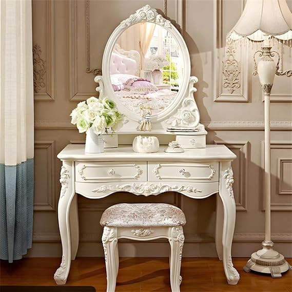 Vanity with Stool Set Mirrored Simple Victorian Style Standard Modern Dressing Table Wood Desk 4 Drawers Make-up Vanity Table for Bedroom Dressing Room -33.5" L x 20" W x 61" H
