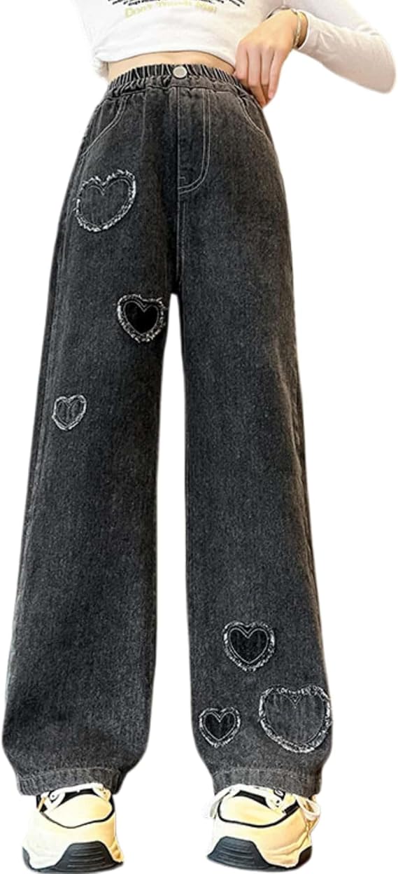 Girl's Baggy Jeans Elastic Waist Wide Leg Denim Pants 5-14Y