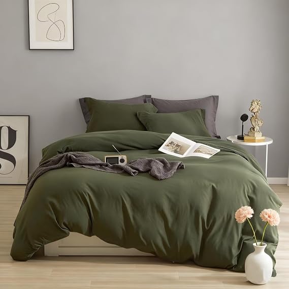 AZMTOP Prewashed Duvet Cover Queen Size 2 Pcs(1 Duvet Cover and 2 Pillow Shams),Washed Cotton Bedding Set for All Seasons,Soft Breathable Comfy Zipper Quilt Covers Forest Green 90"X90"