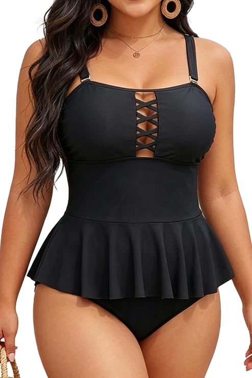 Yonique Plus Size Swimsuits for Women Tummy Control Two Piece Bathing Suits Peplum Tankini Tops High Waisted Swimwear