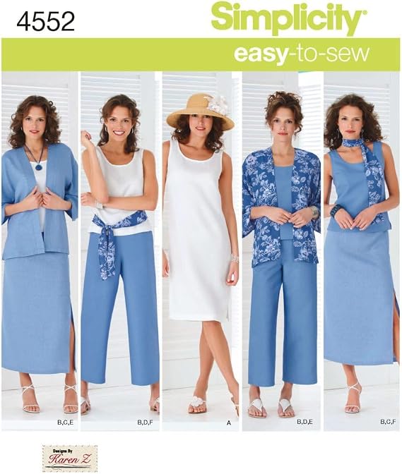 Simplicity S4552 Women's Sportswear Sewing Pattern, Tank Dress, Top, Kimono Jacket, Pants, Skirt & Scarf, Sizes 10-18