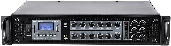 Rockville RCS90-6 90 Watt 6 Zone 70V/100V Commercial Amplifier Receiver, Bluetooth, 3 Mic Inputs, USB/SD, Rack Mount, for Restaurants, Bars, Cafes, Schools, Lounges, and Offices. | Zone Volume Controls, USB, SD, Optical Input, 3 Mic Inputs with Echo, 2 RCA AUX, Chime, Bass/Treble EQ, FM Radio