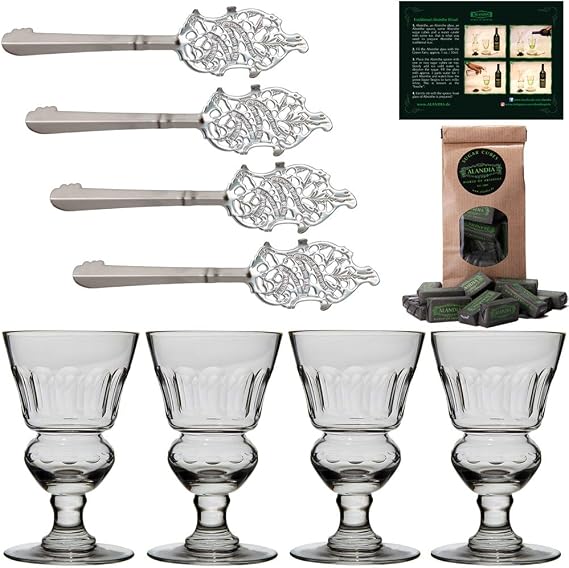 Absinthe Spoons Glasses Set by ALANDIA | 4X Reservoir Glasses | 4X Stainless Steel Spoons | 1x Sugar Cubes | 1x Instructions Card for the Absinthe Ritual