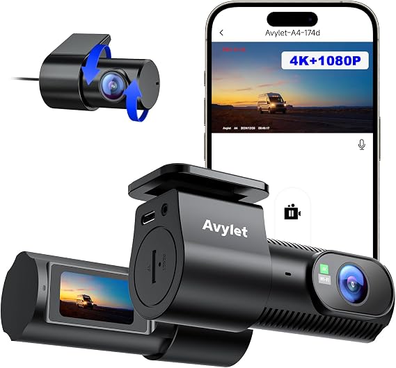 Avylet Dash Cam, Front and Rear Cameras, 4K Front 1080P Rear, WiFi Enabled, Smartphone Connectivity, External GPS Module Compatible, Automatic Continuous Recording, G-Sensor, Shock Recording, 24-Hour | 自動常時録画 Ｇセンサー 衝撃録画 24時間駐車監視 暗視機能 WDR画像補正 170°超広角 1.47インチ液晶画面 エンジン連動 自由回転 取付簡単 工事不要 高低温適用 カード対応（付属されない）OTA更新 メーカー保証
