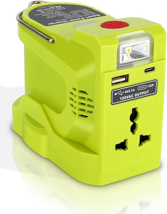 DC 18V to AC 110V Power Inverter Compatible with Ryobi One 18V Battery 200W Portable Modified Sine Wave Power Inverter Converter with LED Light, USB and Type-C Port(No Battery)
