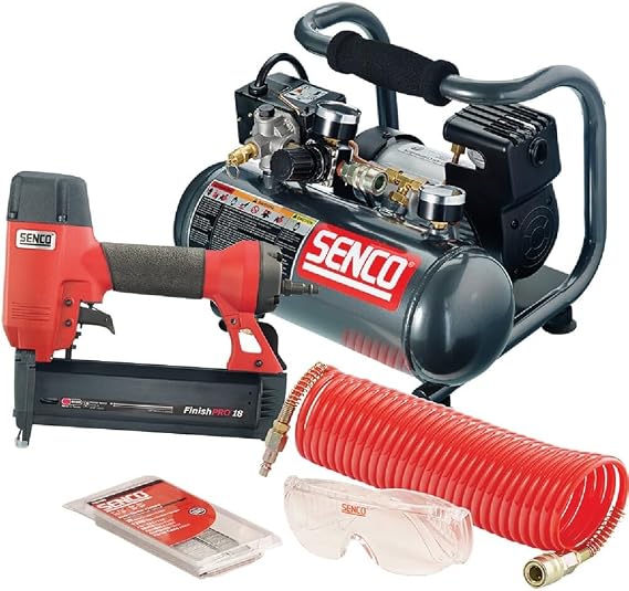 SENCO Pneumatic Brad Nailer 18 Gauge, Air Compressor Hose Combo (PC0947) | Complete set with pneumatic nail gun, 20 lb. ultra quiet compressor and hose for woodworking, finish and trim Projects