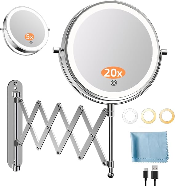 Famihomii 5X/20X Wall Mount Magnifying Mirror with Light, Rechargeable Double Sided Magnification, 4000mAh Battery, Type-C Cable, Touch Dimmable, for Home, Bathroom, Cloakroom, Housewarming Gifts
