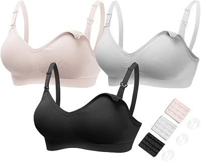 HOFISH Maternity Nursing Bras for Breastfeeding, 3 Pack Pregnancy Deep V Neck Wireless Bra with Extenders & Clips