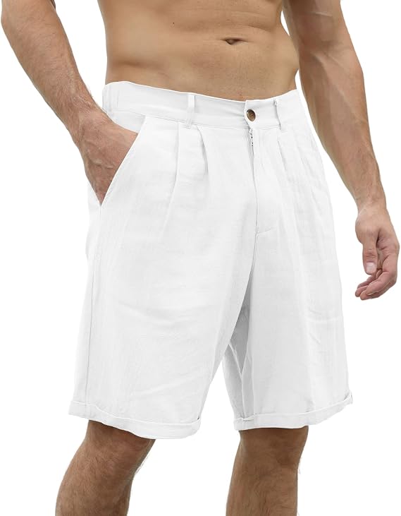 Men's Linen Casual Beach Shorts Cotton Classic Summer Shorts with Buttons Elastic Waist