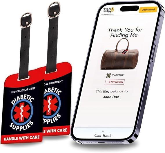 tag8 Diabetic Supplies Medical Luggage Tag | Bag tag for Medical Alert, Insulin Medical Equipment | Airline Compliant, SITA World Tracer Code Enabled | Gift idea - Pack 2
