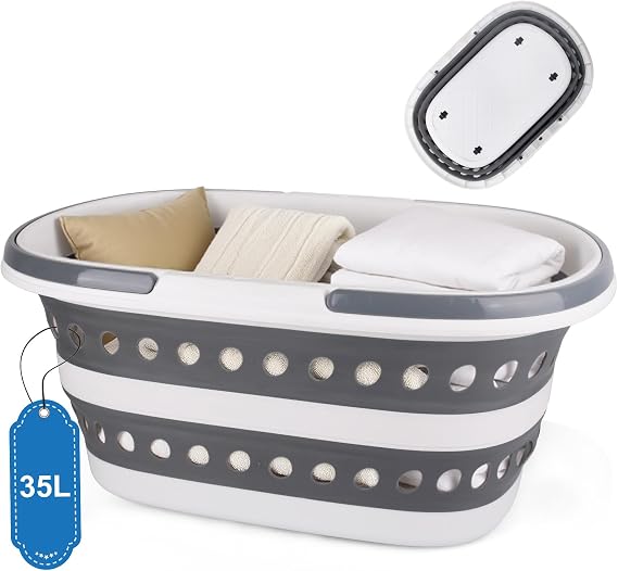 35L (9.25 Gallon) Collapsible Laundry Basket with Wheels, Large Collapse Laundry Basket with Handles, Pop-up Hamper Clothes Storage Organizer Folding Plastic Bin for Household Family Room Organization