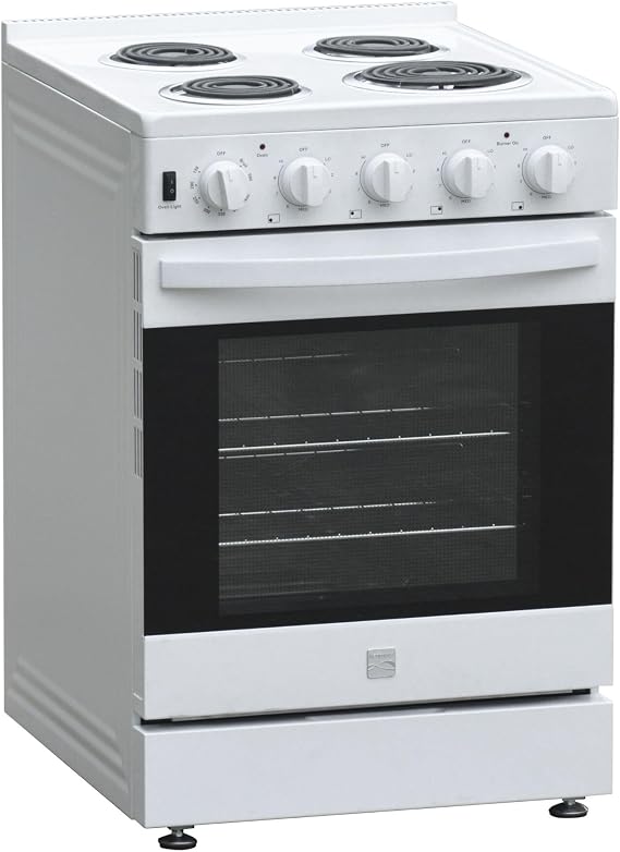 Kenmore 24" Electric Range, 3.73 cu. ft. Oven, 4 Coil Burners, Front Controls, Black Porcelain Top, Halogen Light, 3000W Broil & 2700W Bake, Storage Drawer White