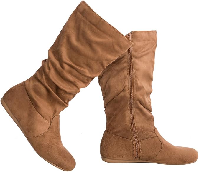 Olivia K Womens Low Heel Mid-Calf Slouchy Suede Slip On Casual Boots with Side Zipper