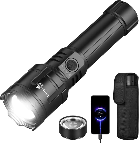 ULTRAFIRE Flashlights High Lumens with Ignition Lens, 1500 LM Super Bright Zoomable Tactical Flashlight with Holster, Reverse Charging, 3 Modes LED Rechargeable Flash Light for Camping, Emergency