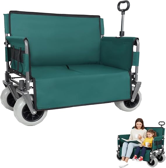 3-in-1 Folding Wagon with Bench Seat, 500lbs Capacity Cart with All-Terrain Beach Tires for Sand, Camping, Grocery Shopping and Outdoor Activities (Green)