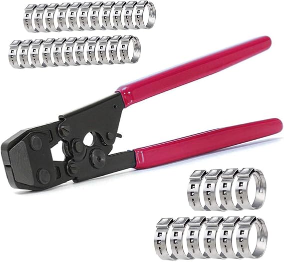 PEX Clamp Cinch Tool Crimping Tool Crimper for Stainless Steel Clamps from 3/8"to 1" with 1/2" 20PCS and 3/4" 10PCS PEX Clamps