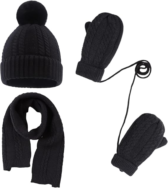 Peecabe Kids Winter Hat Scarf Mittens Set Toddler Knitted Beanie 2-7 Years