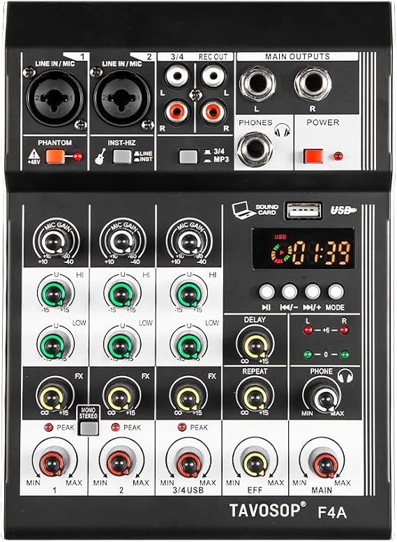 4 Channel Audio Mixer DJ Mixer Interface Sound Board Console USB Audio MP3 Computer Input 48V Phantom Power Stereo DJ Studio for Home Karaoke Party Studio Recording