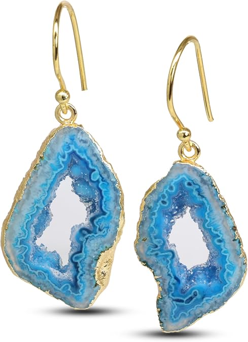 Agate Slice Geode Druzy Dangle Gold Plated Earrings for Women, Natural Gemstone Boho Earrings