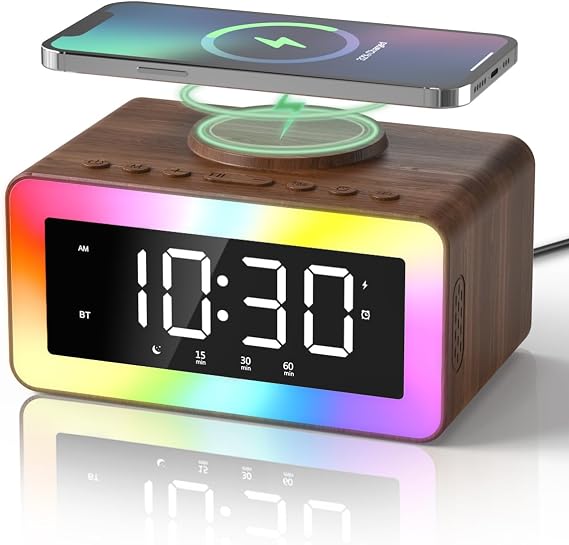Alarm Clock with Wireless Charging, Bluetooth Speaker, White/Brown Noise Sound Machine Night Light, Wooden Digital Alarm Clocks for Bedrooms, Wireless Charger for iPhone, Birthday Gifts for Men Women | Bedside Clock with Phone Charger, 24 Sleep Sounds, 7 Night Light Modes, Retro Decor, Christmas Birthday Gifts for Men & Women