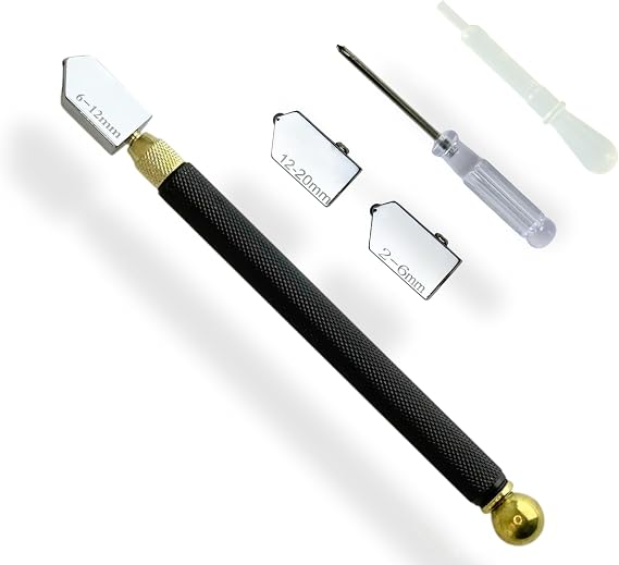 Glass Cutter Kit, Pencil Style Oil Feed Glass Cutting Tool with 3 Sizes Heads (220mm), for Window Tile Mirror