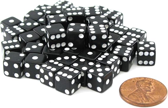 Set of 50 8mm Six-Sided D6 Small Square-Edge Dice - Black with White Pips
