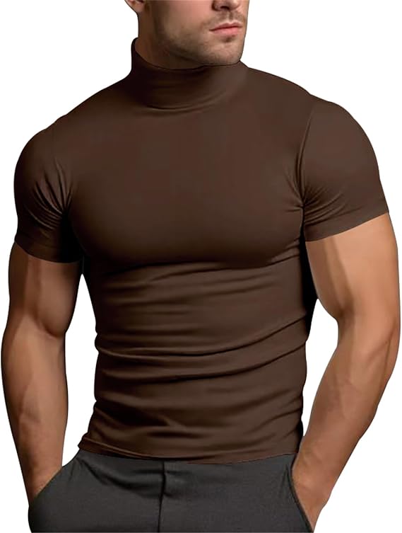 HJINGSUN Turtleneck Shirts for Men Solid Mock Neck Muscle Tshirts Slim Lightweight Short Sleeve Undershirt Fall Basic Tee Top