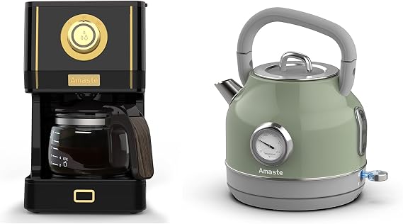 Amaste Black Coffee Maker & Green Retro Electric Kettle Set